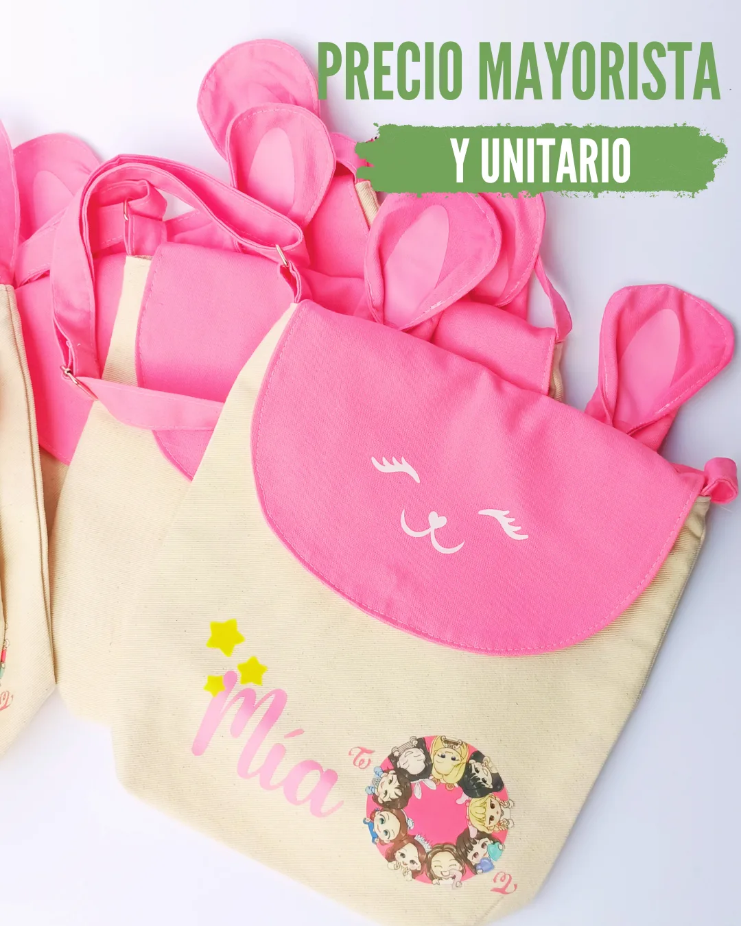 Bolsa infantil en tonos rosa con orejas y personalización para pedidos mayoristas