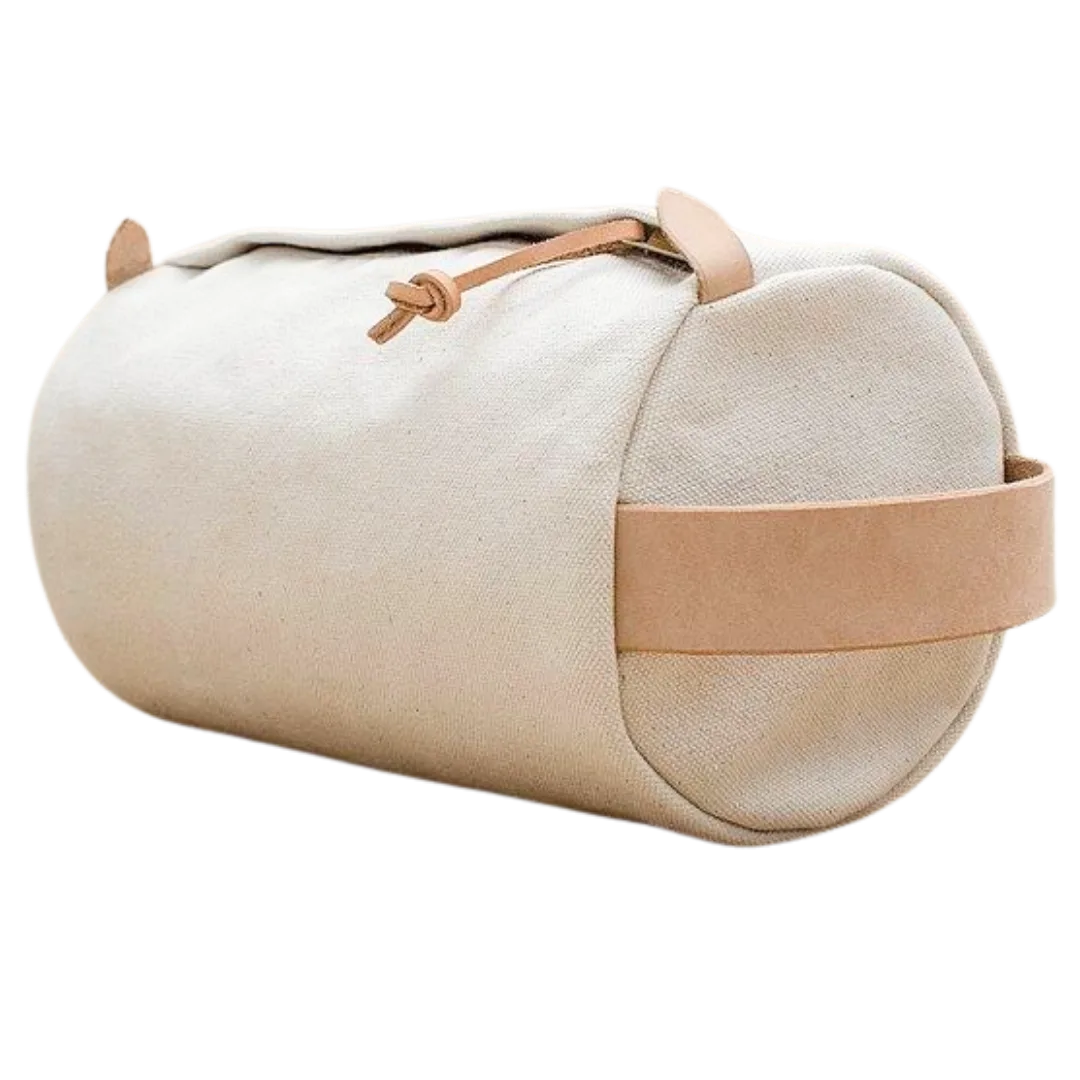 Bolso cilíndrico en lona natural con detalles de semicuero para regalo corporativo