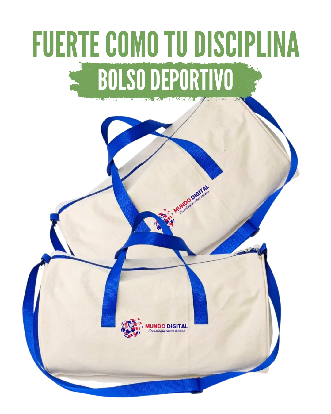 Bolso deportivo personalizado para marca Mundo Digital con correas azules
