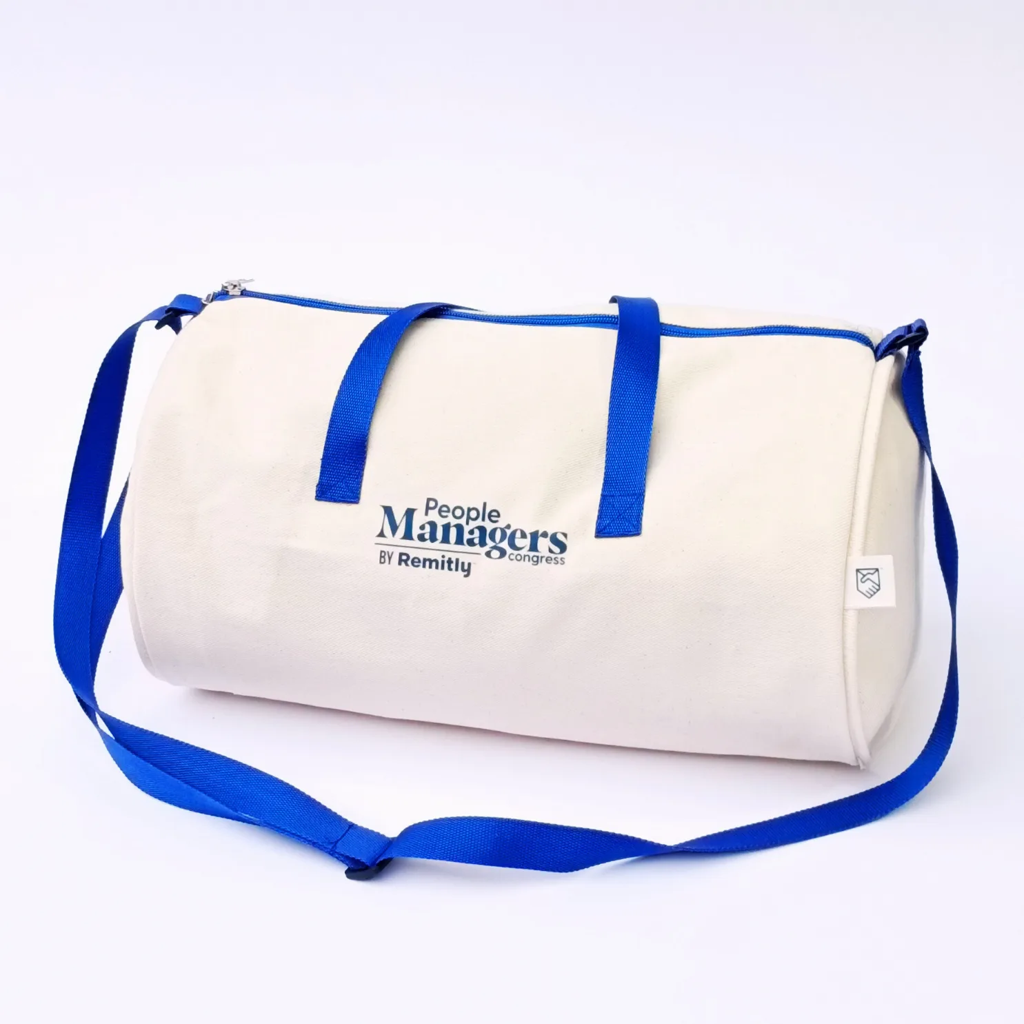 Bolso cilíndrico corporativo People Managers by Remitly con correas azules