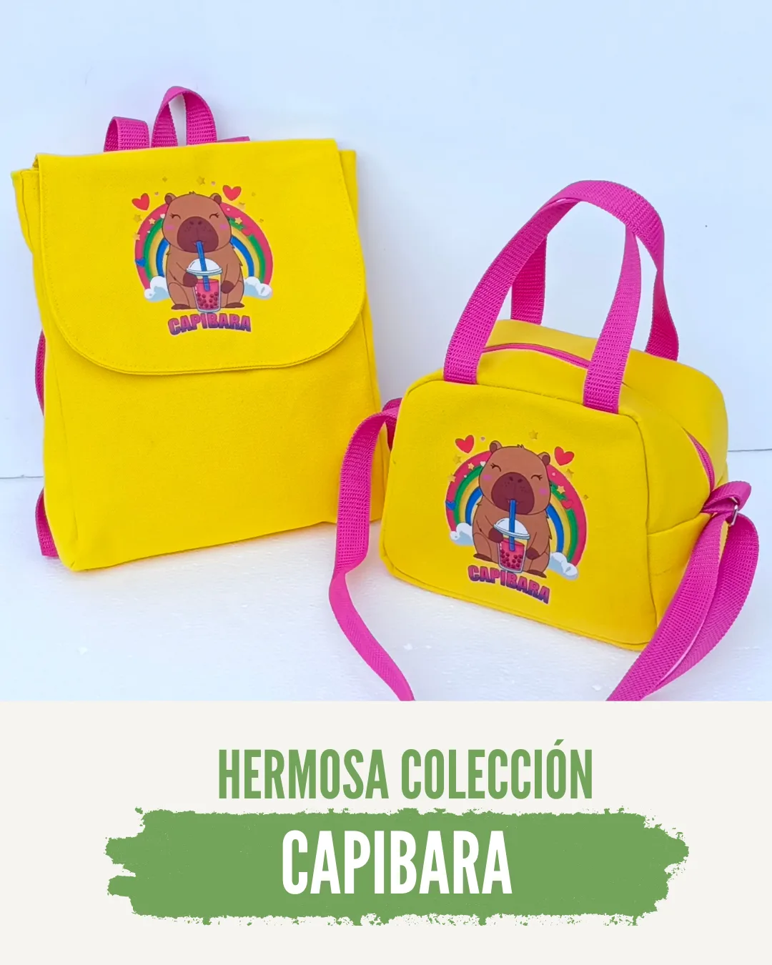 Colección capibara con mochila y bolso personalizados en amarillo y rosa