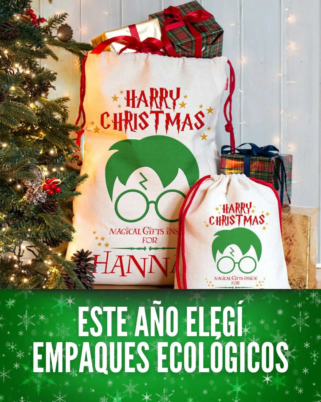 Empaque navideño ecológico en lona para regalos personalizados