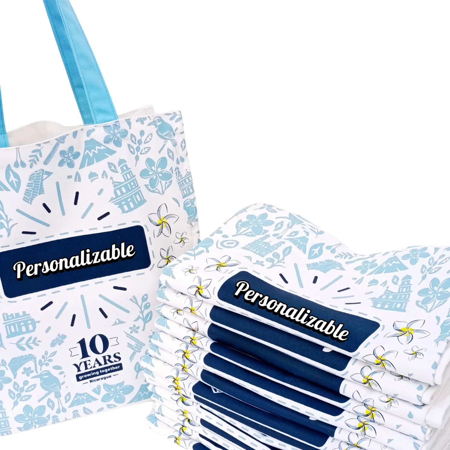 Set de bolsas personalizadas en tonos azul y blanco para kit corporativo en Managua