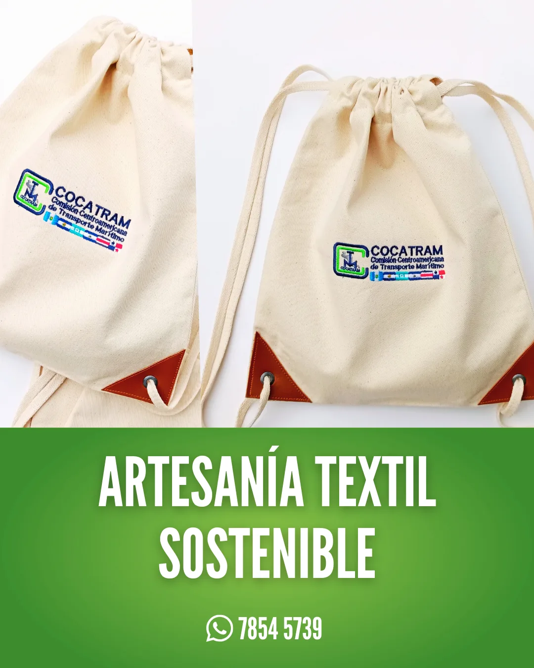 Mochila tipo saco en lona natural personalizada para COCATRAM