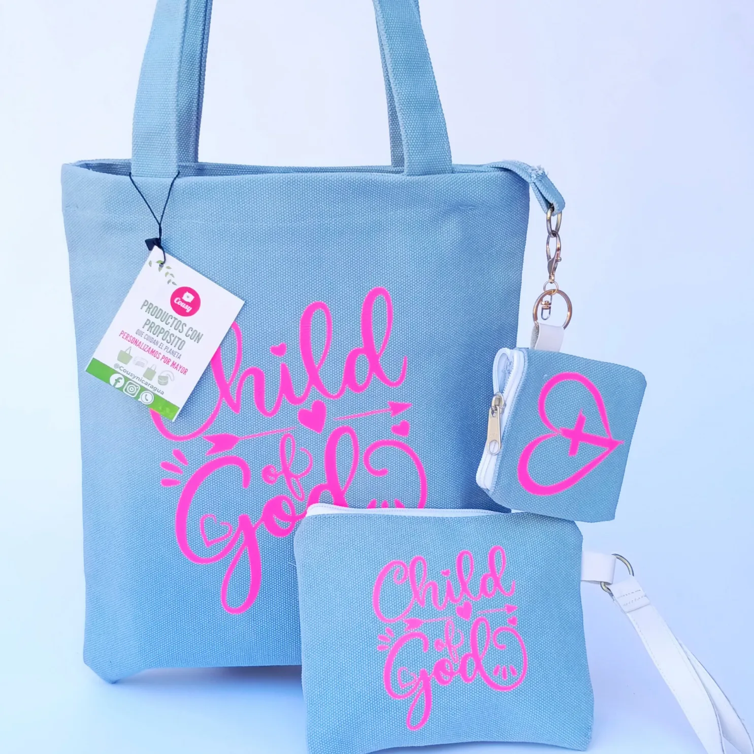 Set de tote y accesorios azules personalizados con frase Child of God