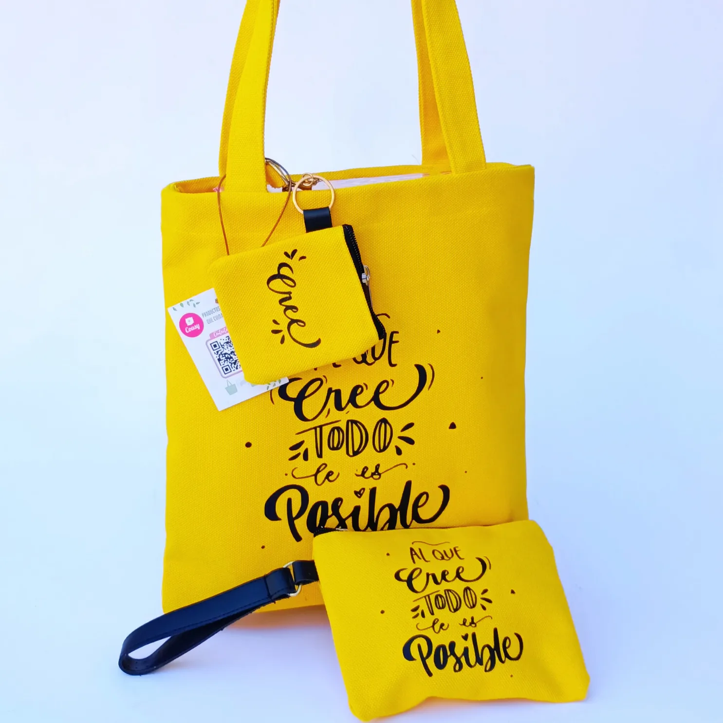 Tote bag amarillo con estuches personalizados para campaña motivacional