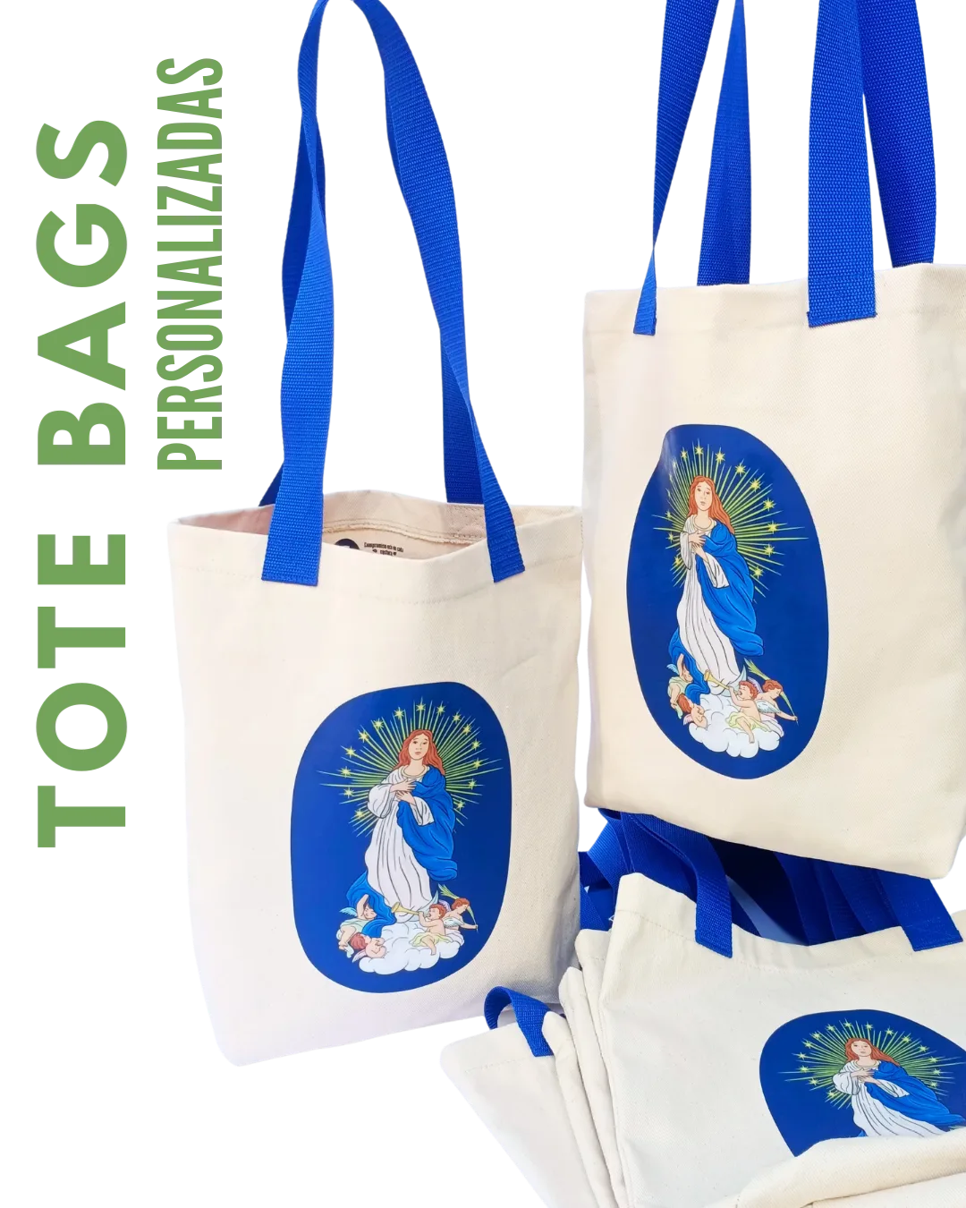 Tote bags personalizadas con impresión religiosa en tonos azules
