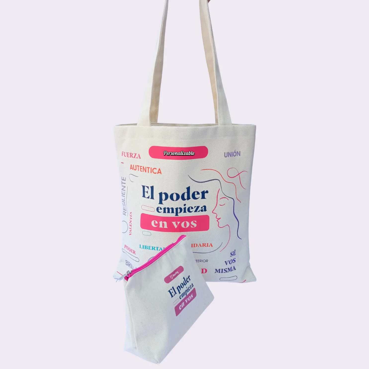 Tote bag y estuche promocional personalizados con diseño El poder empieza en vos