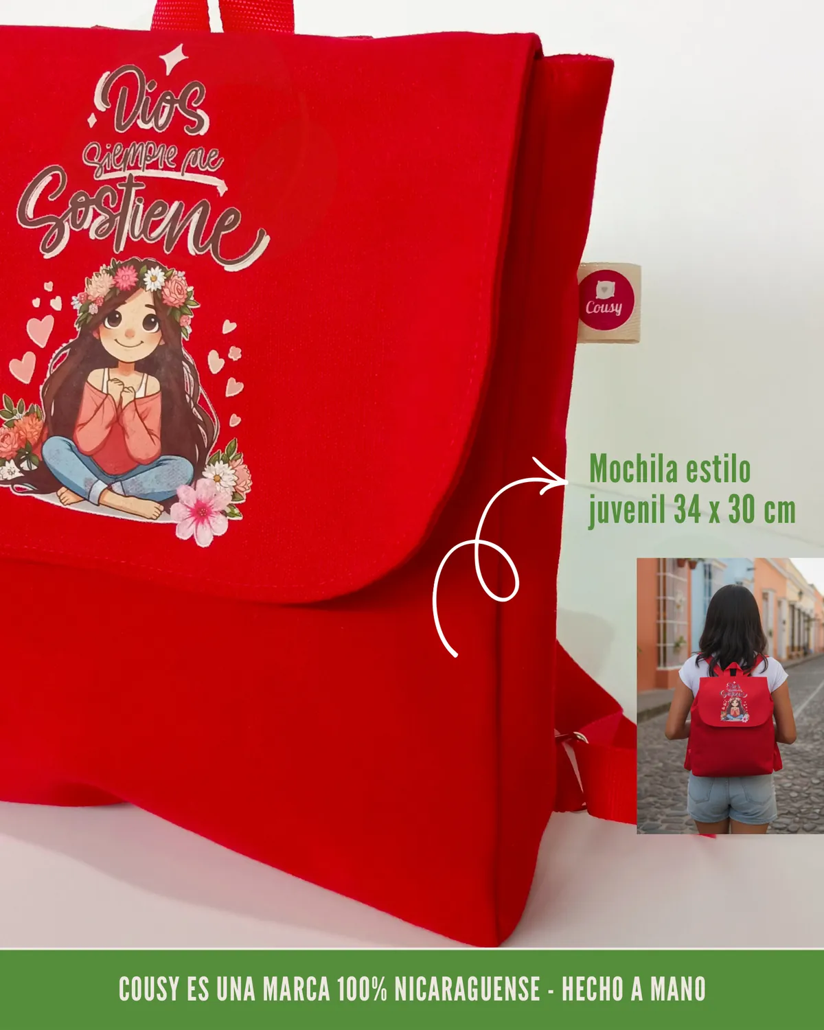Mochila juvenil Cousy elaborada en Nicaragua para campañas promocionales sostenibles.